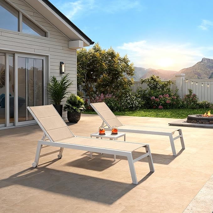 PURPLE LEAF Outdoor Chaise Lounge Set Adjustable Sunbathing Recliner with Side Table for Poolside Beach Outside Patio Aluminum Chaise Lounger Khaki