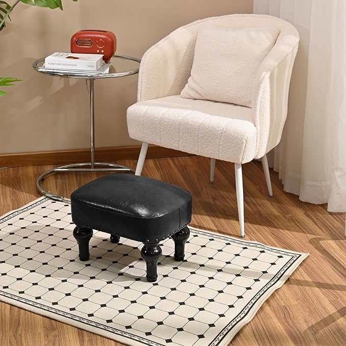 DSGAMER Leather Footrest Wood Ottoman,Rustic Foot Stools Seat, Wood Footstool,Rectangle Footrest Small Ottoman for Bedroom, Living Room, Office，Entrance Hall (Black)