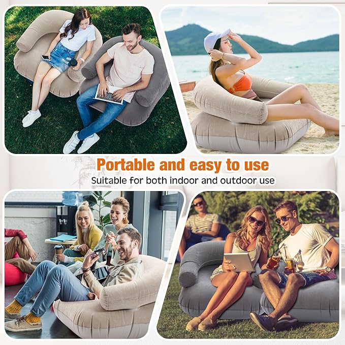 Threehoney 2 Pcs Inflatable Lounge Chair Deck Chair Lazy Sofa, Blow Up, Folding, Portable Couch for Home, Office Balcony, Floor Seating (Beige,Dark Grey)