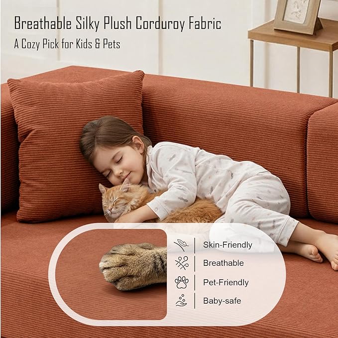 79 Inch Convertible Sofa Bed Couch in Box, 5 in 1 Folding Modular Boneless Couch with Pull Out Bed 2 Pillows, Soft Corduroy Floor Futon Lounge Loveseat Sleeper Lazy Cama No Assembly Orange