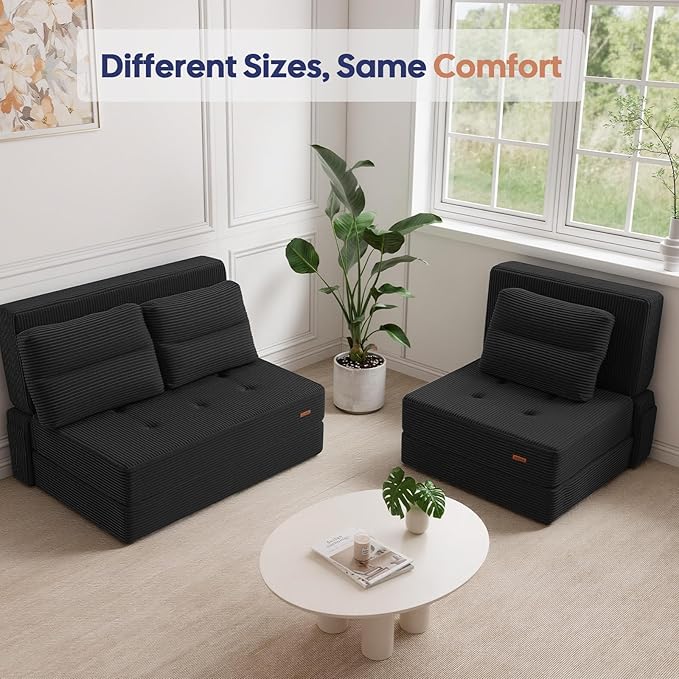COMAX Folding Sofa Bed, Foldable Couch for Bedroom, Convertible Floor Sleeper Futon Chair Foam, Corduroy 3 in 1 Fold Out Chair Portable Comfy Lounge Couch Sofa Bed for Small Space, Single, Black