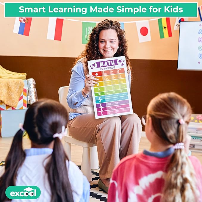 EXCOOL CLUB 16 Boho Math Posters For Elementary School - Laminated Multiplication Chart For 4th Grade Decor, Addition Subtraction Chart Educational Poster, 5th Grade Classroom Must Haves (11x17)