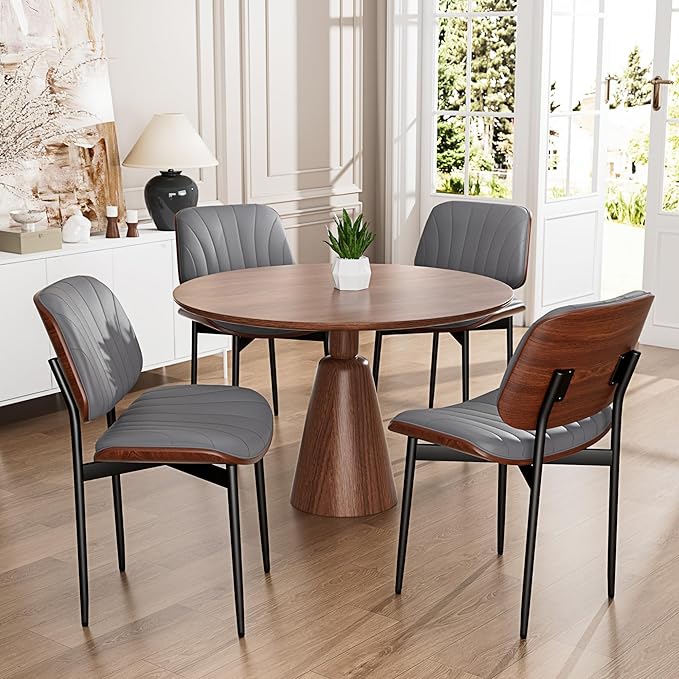 YaFiti Dining Chairs Set of 8, Dining Room and Kitchen Chairs, Mid Century Modern Accent Chair, Upholstered PU Leather Chairs for Vanity with Walnut Bentwood and Metal Legs, Gray