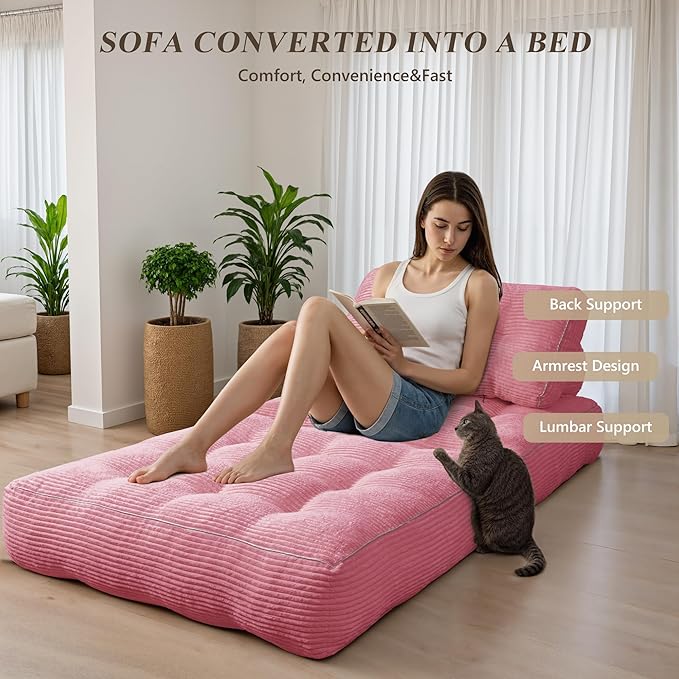 Folding Sofa Bed,Convertible Sleeper Chair for Adults, Folding Sofa Bed Foam Filling Couch with Pillow，Sleeper Chairs Single Size Floor Mattress,Pink
