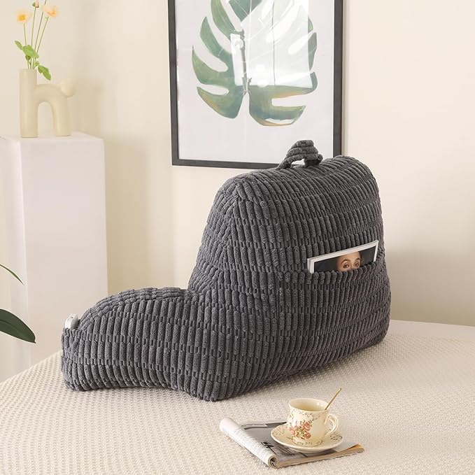 PAJEO Reading Pillow for Sitting in Bed, Large Backrest Reading Pillow with Arm Rest,Back-Rest Support Cushion for Sit Up on Couch, Sofa, and Floor, Dorm Essentials (Grey Corduroy, Large(19"))