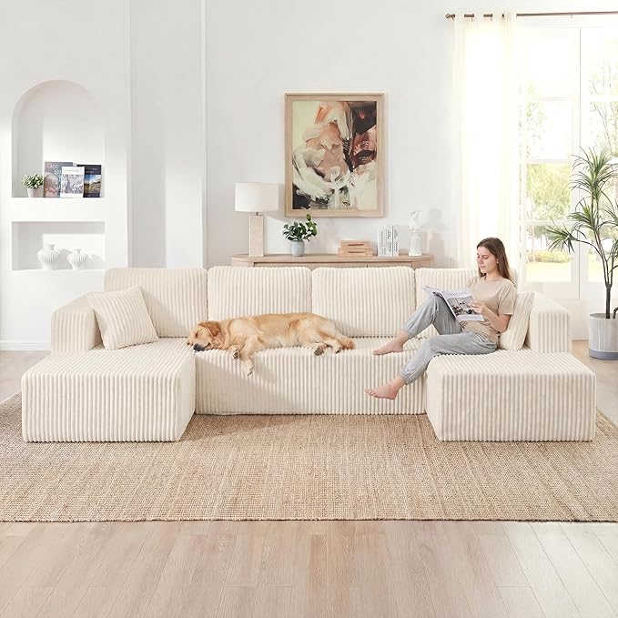 VYNELITO Oversized U Shaped Couch with Chaise, Modern Modular Sofa with Deep Seat, Corduroy Upholstered Boneless Couch for Living Room, No Assembly Required, Beige