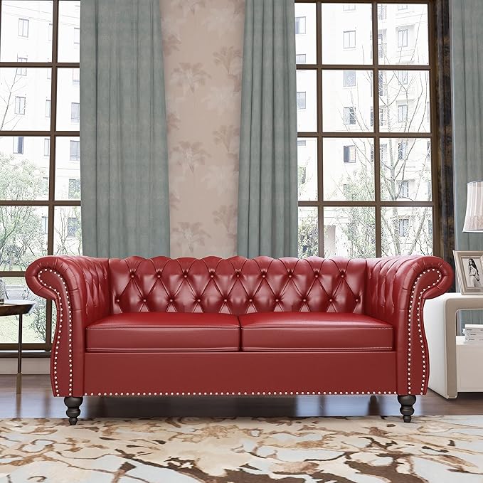 QHITTY Accent Sofa, Chesterfield Loveseat Modern Leather Couch Upholstered Sofa with Tufted Back for Living Room Furniture (Burgundy)