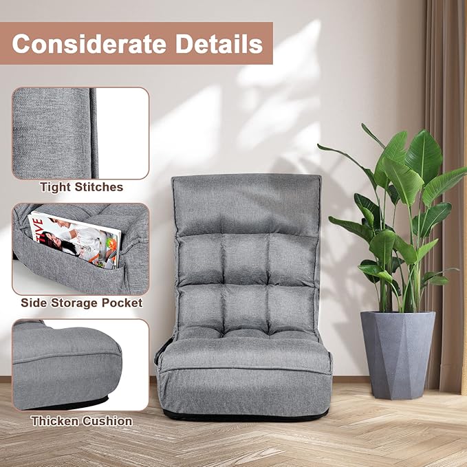 MAT EXPERT Folding Floor Chair, Floor Gaming Chair w/ 4-Position Backrest, 5-Position Adjustable Headrest, Side Pocket, Indoor Floor Chair w/Back Support for Bedroom, Living Room (Grey)
