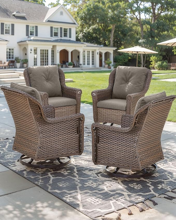 ACTREST Patio Chairs Outdoor Swivel Glider - Set of 4 High Back Outside Brown Wicker Rattan Rocking Chair with Thick Cushion for Porch Apartment Deck Yard Poolside Garden - Grey