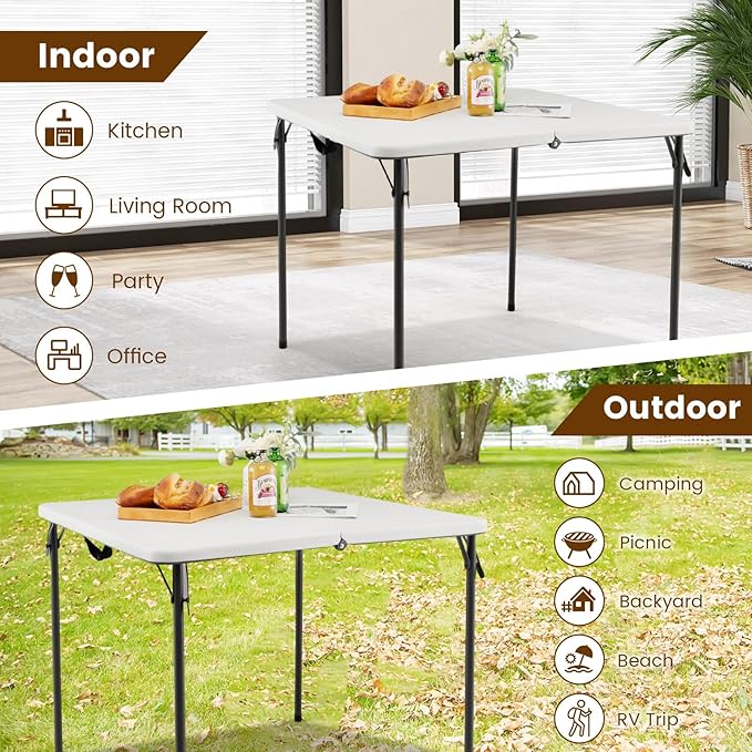 Tangkula 34" Folding Table, Portable Picnic Table with All-Weather HDPE Tabletop, Heavy-Duty Metal Frame, Carry Handle, Fold-in-Half Plastic Outdoor Table for Camping, Dining, BBQ, No Assembly Needed