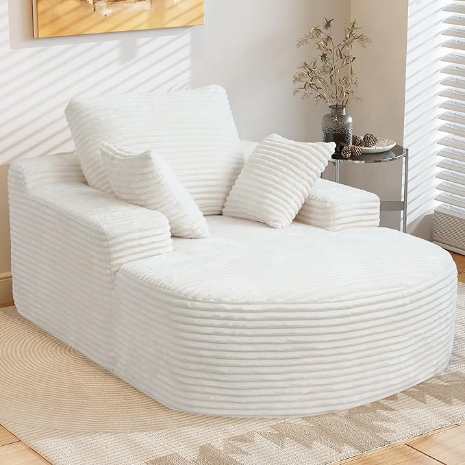 WJShome Oversized Lounge Chaise Indoor,D-Shaped Upholstered Corduroy Sofa Bed with 3 Pillows,Comfy Sleeper Boneless Couch,Deep Seat Couches for Living Room, Beige