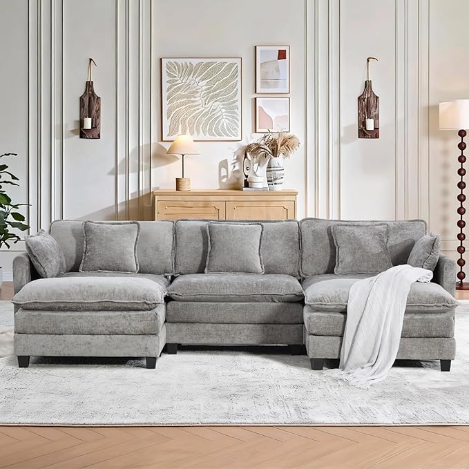 SoarFlash 113.78" Chenille Sectional Sofa, Comfy U Shaped Modular Coush Sofa with Ottoman, Modern 4 Seat Couch Deep Seat Sofa Set for Living Room,Grey