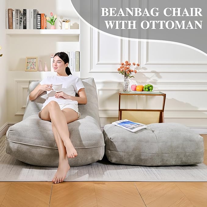 Cvortll Bean Bag Chair with Ottoman, Comfy Bean Bag Sofa with Memory Foam, Lazy BeanBag Sofa with Footstool, Fireside Bean Bag Couch for Living Room, Bedroom, Apartment (Gray)