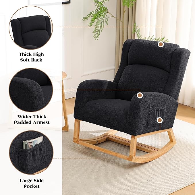 HCHAIRH Rocking Chair Nursery, Nursing Rocking Chairs for Mom Nursery, Comfy Wingback Glider Rocking Armchair with Foot Rest and Side Pocket for Nursery Living Room Bedroom, Teddy Black