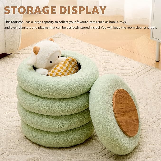 Wimarsbon Round Storage Ottoman, Modern Sherpa Footstool, Teddy Vanity Stool with Flip-Top Tray, Makeup Chair for Home Decor, Upholstered Footrest for Living Room & Bedroom (Green S)