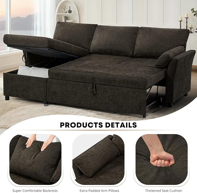 ACMEASE 83 Inches Fabric Sectional Sofa with Pull Out Sofa Bed, Modern L Shaped Sofa with Throw Pillows, Comfortable Sleeper Couch with Storage Chaise for Living Room, Brown