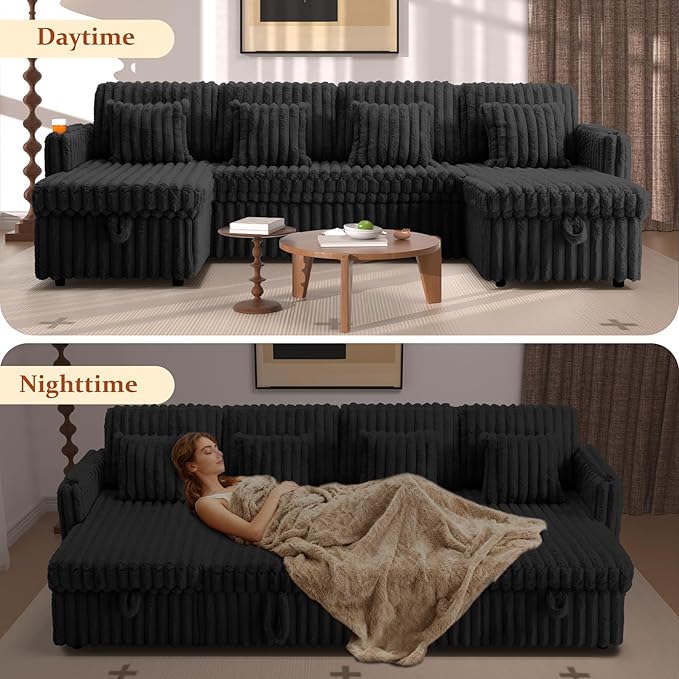 107" Sectional Sleeper Sofa with Pull Out Bed, Comfy Fluffy Plush Corduroy Cloud Sectional Couches for Living Room, U Shaped Modular Couch with Storage Chaise, Cup Holder & USB Charger, Black