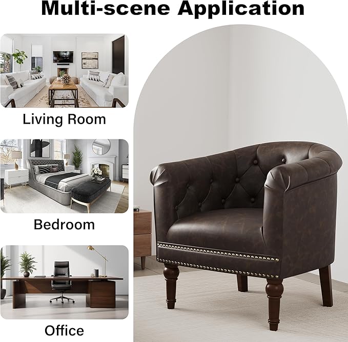 DREAMSIDEA Accent Chair, Upholstered Faux Leather Barrel Chair with Nailed Trim, Comfy Club Armchair for Reading Living Room Bedroom Waiting Room-Chocolate, Set of 1