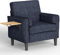 Chenille Accent Chair, Mid Century Modern Arm Chair with Foldable Wooden Side Table & Cup Holder - Comfy Reading Chair for Bedroom,Living Room Chairs,Single Sofa Chair,Navy Blue
