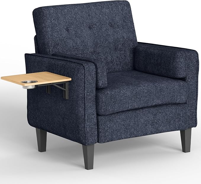 Chenille Accent Chair, Mid Century Modern Arm Chair with Foldable Wooden Side Table & Cup Holder - Comfy Reading Chair for Bedroom,Living Room Chairs,Single Sofa Chair,Navy Blue