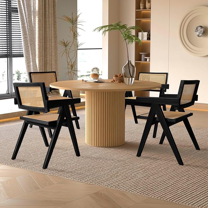 Cane Dining Chairs Set of 4, Rattan Kitchen Chairs Black for Dining Room with Armrest