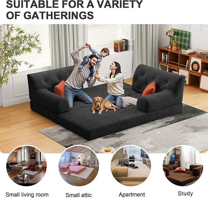 Carzzi-Life 79" Convertible Sofa Bed with Pillows, Corduroy Folding Sleeper Sofa with Fixed-Shape Frame, Boneless Couch for Living Room Bedroom, Floor Sofa Lounge No Assembly Required (Grey)