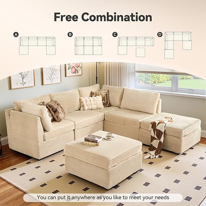 CAODOC Large 6 Seat Modular Sectional Sofa with Ottoman Seat Corduroy Sleeper Sectional Sofa Bed Oversized Convertible Modular Couch for Living Room