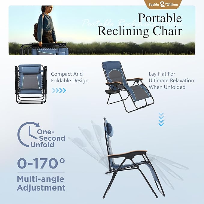 Sophia & William XL Zero Gravity Chair (2 Pack), Oversize Gravity Recliner Lounge Chair with Free Cup Holder, Supports 400 LBS (Blue)