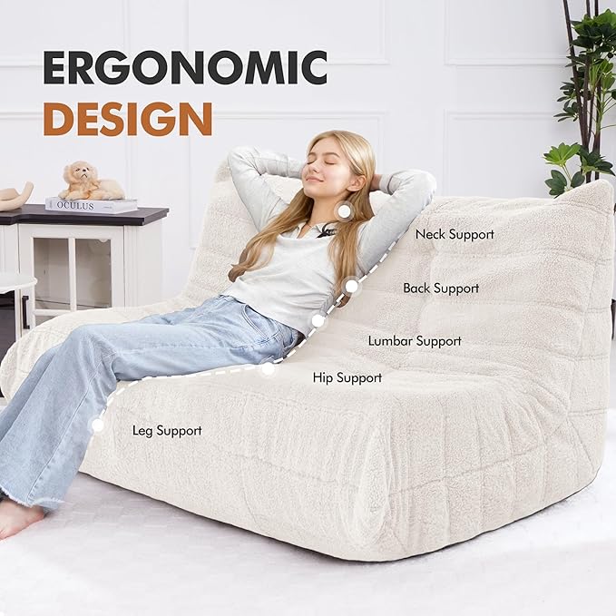Bean Bag Loveseat Chair Big Sofa Beanbag Chair for Adults Fireside Chair Bean Bag Lounger with Memory Foam Filled for Home,Apartment or Gaming Venue（Beige Teddy）