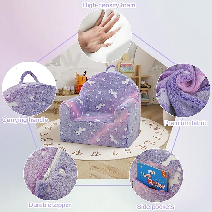 MeMoreCool Comfy Toddler Chair for 1-3 Years Old, Glow Unicorn Kids Reading Chair, Soft Plush Toddler Armchair, Cozy Foam Lounge Kids Armchair for Baby Room, Living Room, Playroom, Reading Nook