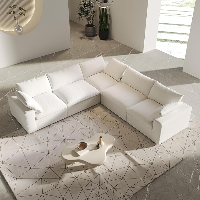 V-Shaped Cloud Sectional Couch, Modular Sectional Sofa, Modern Comfy Cloud Sofa, Covers Removable, Convertible Sleeper Couch for Living Room Apartment (White, Linen Fabric)