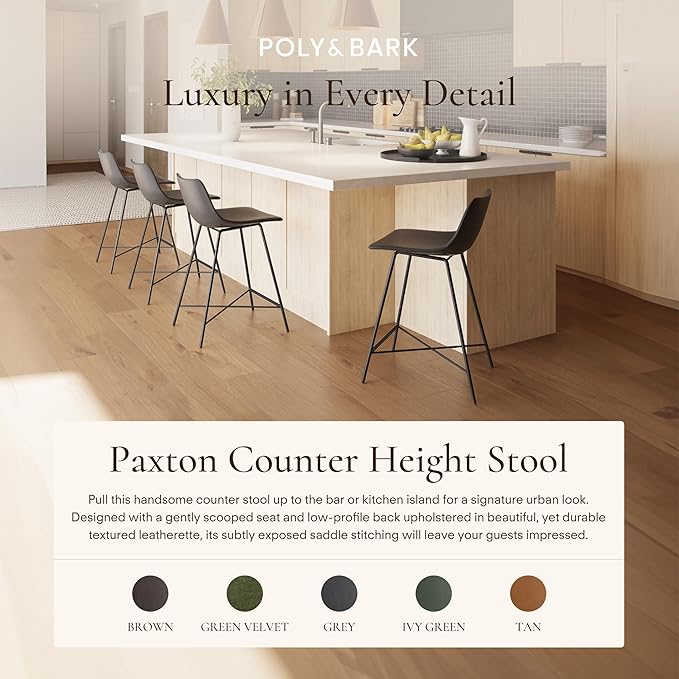 POLY & BARK Paxton Leather Counter Stools 24 Inches - Set of 3 - Counter Height Bar Stools with Back - Modern Barstools for Kitchen Island or Counters - Faux Leather & Matte Black Steel Base - Gray