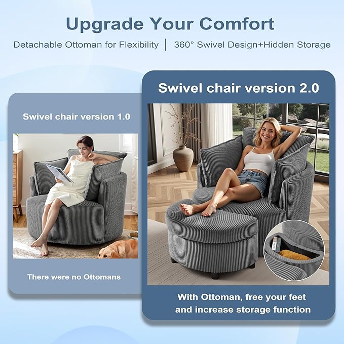 Chorlenimi Swivel Accent Chair Round Barrel Armchair Upholstered Living Room Chair Corduroy Reading Chair Single Sofa Chair for Bedroom Apartment Office (Grey, Standard 1Seater+ Ottoman)