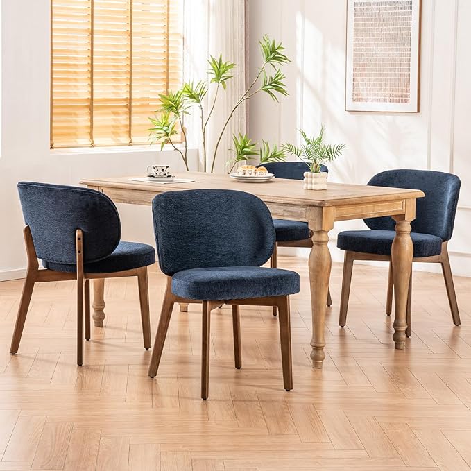 YOUNUOKE Upholstered Dining Chairs Set of 4, Modern Chenille Fabric Dining Room Chair with Wood Legs, Widen Backrest Comfy Armless Side Kitchen Chairs, Blue