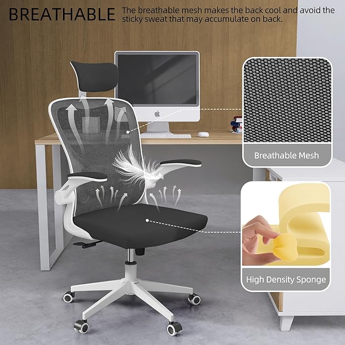 ZYFFHYLAI Office Chair Ergonomic Desk Chair, 350 LBS Mesh Office Chair with Lumbar Support, Comfy Desk Chair with Wheels, Big and Tall Chair for Study Work Gaming (Black+White)