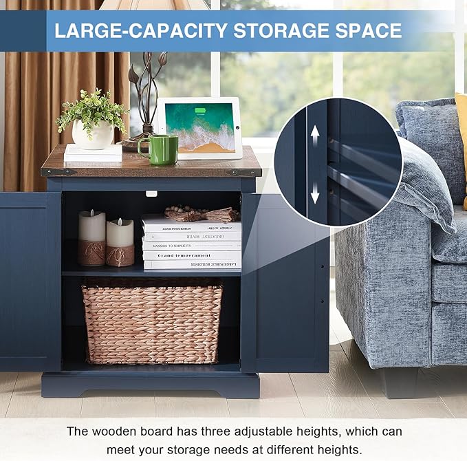 Barnyatoh Farmhouse End Table with Charging Station,24" Large Side Table with Barn Door, Wood Square Nightstand Bedside Table with Adjustable Storage Shelf for Living Room, Bedroom,Navy Blue 2-Pack