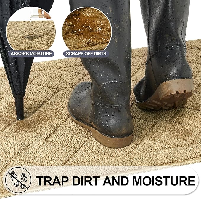 REFETONE Indoor Doormat, Front Back Door Mat 32"x40" Rubber Backing Non Slip Mats, Absorbent Washable Entrance Doormat for Entryway, Resist Dirt Low-Profile Inside Floor Mat for Muddy Shoes, Beige