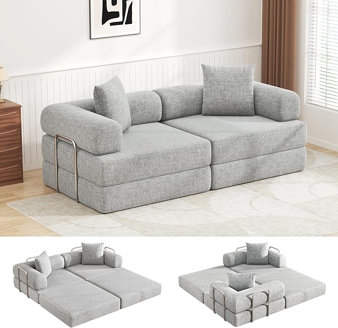 DURASPACE 78'' Folding Convertible Sofa Bed Boneless Foam Sectional Couches with Fixed-Shape Frame, Modular Floor Sleeper Sofa for Living Room (Chenille Gray)