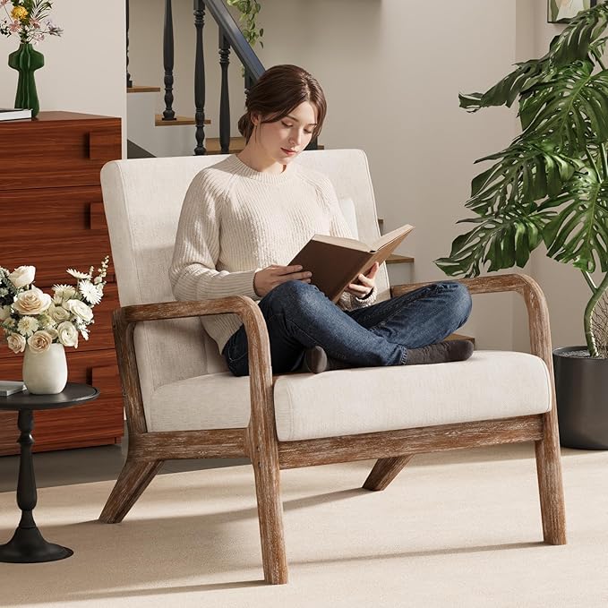 ELUCHANG Mid-Century Modern Chair,Accent Chair with Lumbar Pillow,Upholstered Armchair,Linen Fabric Comfy Reading Chair Beige, Linen, New Armrest, Set of 2