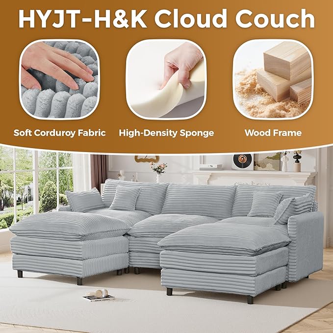 HYJT-H&K 108" U Shaped Cloud Couch Modular Grey Sectional Couches for Living Room, Comfy Fluffy Corduroy Oversized Cloud Sectional Couch Large 5 Seat Sectionals Sofa Set, Grey