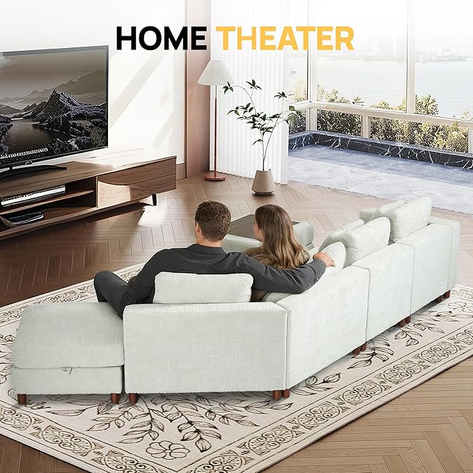 147" Curved Corner Reversible Chaise Chenille Sectional, L-Shaped Oversized Sofa with 6 Deep Plush Seats, with Ottoman & 4 Throw Pillows and Removable Covers, for Living Room and Apartment, Beige