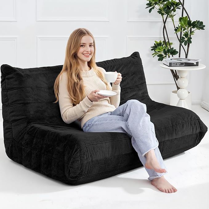 Bean Bag Loveseat Chair Big Sofa Beanbag Chair for Adults Fireside Chair Bean Bag Lounger with Memory Foam Filled for Home,Apartment or Gaming Venue（Black）