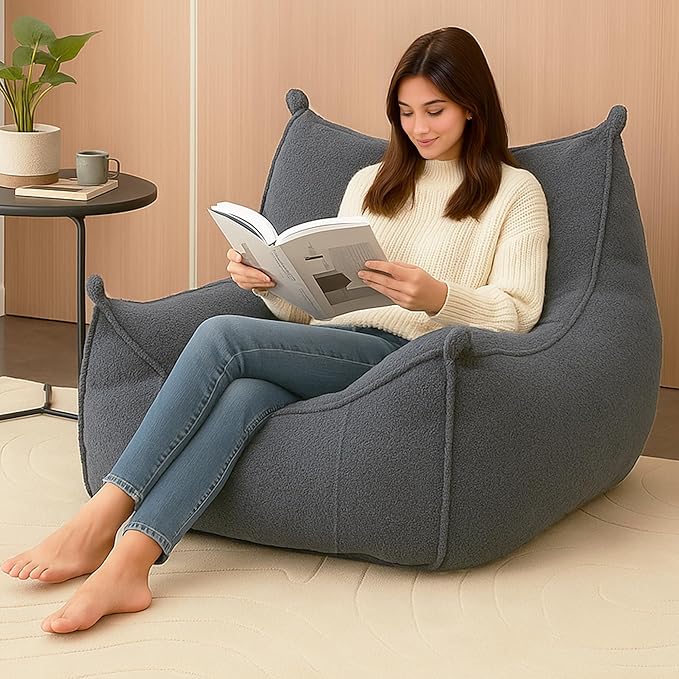 Giant Bean Bag Chair for Adults, Comfy Grey Beanbag with Filling Plush Fluffy and Back Support, Lounge Lazy Floor Sofa Accent Chair, Cozy Single Cloud Couch for Living Room, Bedroom & Dorm