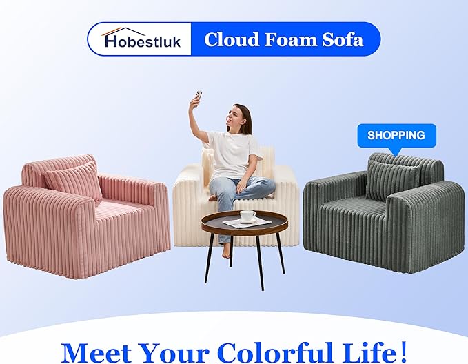Hobestluk Single Sofa Foam Couch Sofa for Small Spaces Comfy Sofas with Removable Cover Furry Couch with Pillows for Living Room, Bedroom, Apartment, Office (White, Standard)