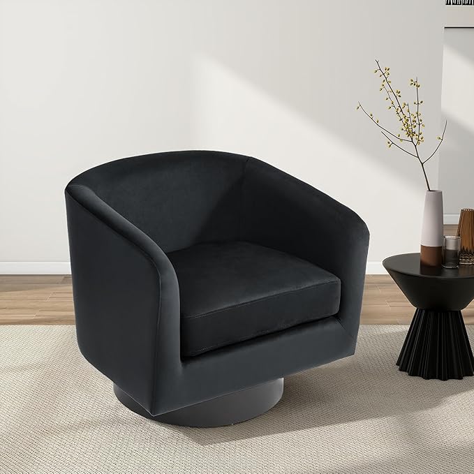 Swivel Barrel Chair, Modern Round PU Leather Accent Armchair for Living Room, Bedroom, Oversized Comfy Club Reading Chairs for Adults (Velvet Black, Set of 2)
