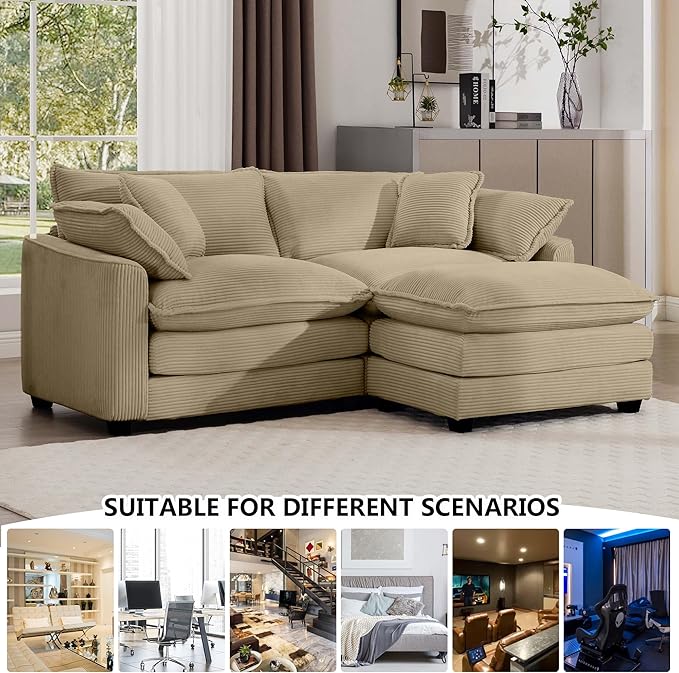 Aoowow Corduroy Loveseat Couch with Ottoman,Modern 2 Seater Cloud Couches for Living Room,Modular Sectional Cloud Sofas Deep Seat,Oversized L-Shaped Couch for Small Spaces (Tan, 2 Seater + 1 Ottoman)