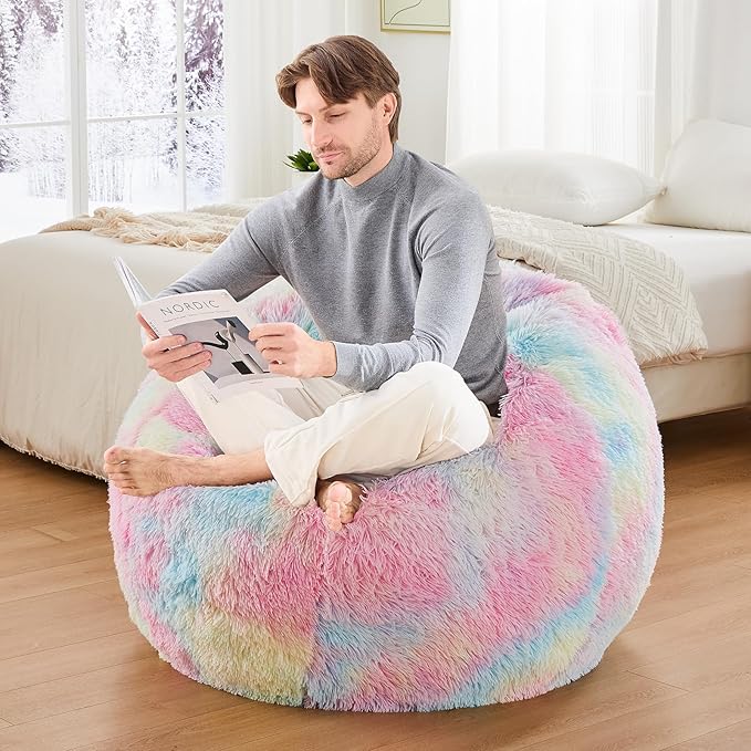 Rainbow Bean Bag Chair - Giant Bean Bag Chairs for Adults and Kids - Oversized Bean Bag Sofa Couch with Filler - Faux Fur BeanBag Furniture for Living Room Bedroom Dorm Office - 41inch