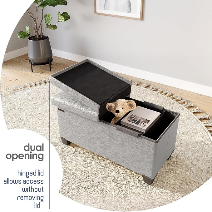 Storage Ottoman Bench with Bins, 30-in Storage Bench for Bedroom End of Bed, Folding Foot Rest Ottoman for Living Room Max 660lbs, Faux Leather Ottomans, Light Grey