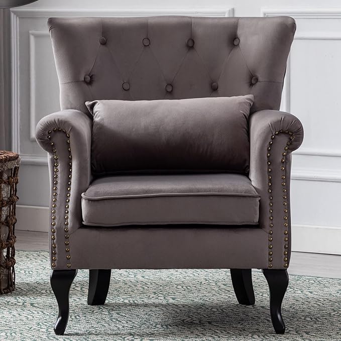 Janoray Mid Century Modern Accent Chair Upholstered Armchair Comfy Velvet Fabric Single Sofa with Tufted Wingback for Small Spaces Bedroom Living Room, Grey