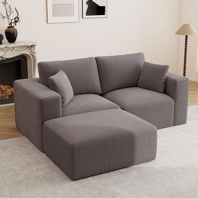 79" Modular Sectional Sofa with Ottoman, L-Shaped Cloud Couch, Memory Foam Boneless Loveseat with Chaise, No Assembly Required Corduroy Frameless Sofa for Small Living Room & Funituree Decor, Grey